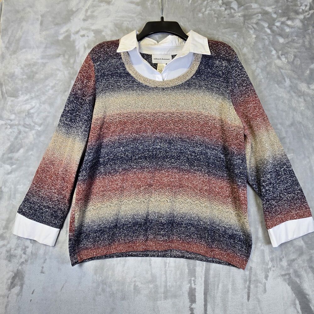 Alfred Dunner Open Knit Sweater XL Faux Collar & Cuffs Red Blue Beige
